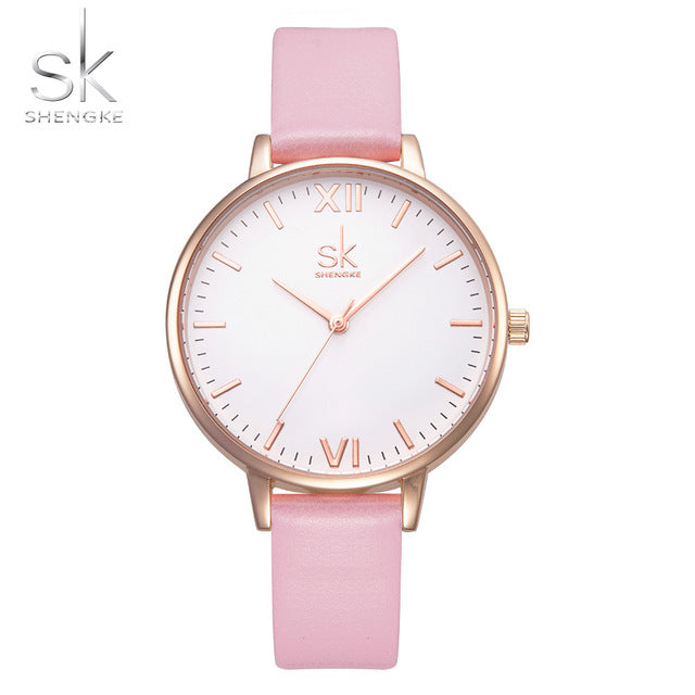 Shengke Top Brand Fashion Ladies Leather Female Quartz  Strap Watch Marble Dial SK