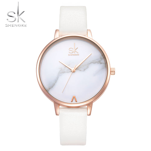 Shengke Top Brand Fashion Ladies Leather Female Quartz  Strap Watch Marble Dial SK