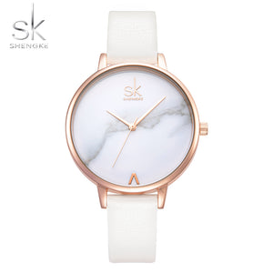 Shengke Top Brand Fashion Ladies Leather Female Quartz  Strap Watch Marble Dial SK