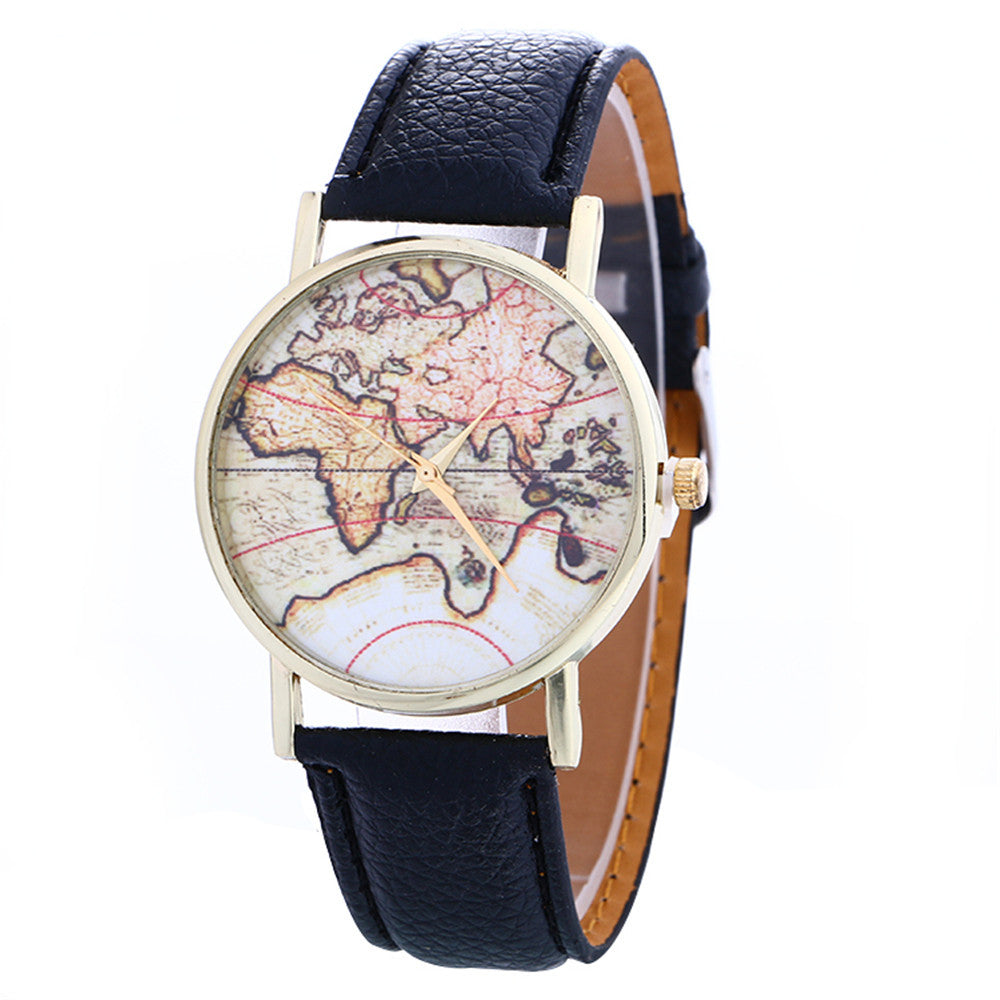 Women Creative Map Pattern Quartz Watch Leather Straplt Table Watch