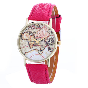 Women Creative Map Pattern Quartz Watch Leather Straplt Table Watch