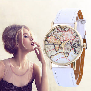 Women Creative Map Pattern Quartz Watch Leather Straplt Table Watch