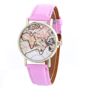 Women Creative Map Pattern Quartz Watch Leather Straplt Table Watch