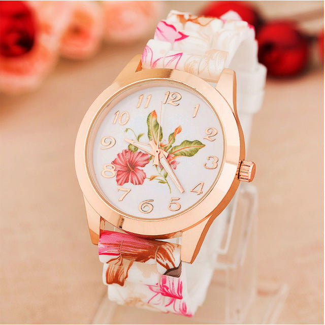 xiniu Fashion Women Girl Causal Dress Watch Silicone Rose Flower Print Jelly Quartz