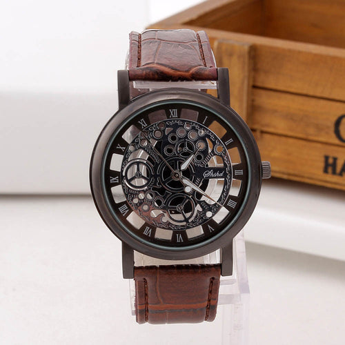 Fashion Business Skeleton Watch Men Engraving Hollow Reloj Hombre Dress Quartz