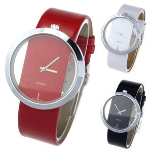 Big Dial Transparent Hollow Ladies Watches Bracelets Simple Faux Leather